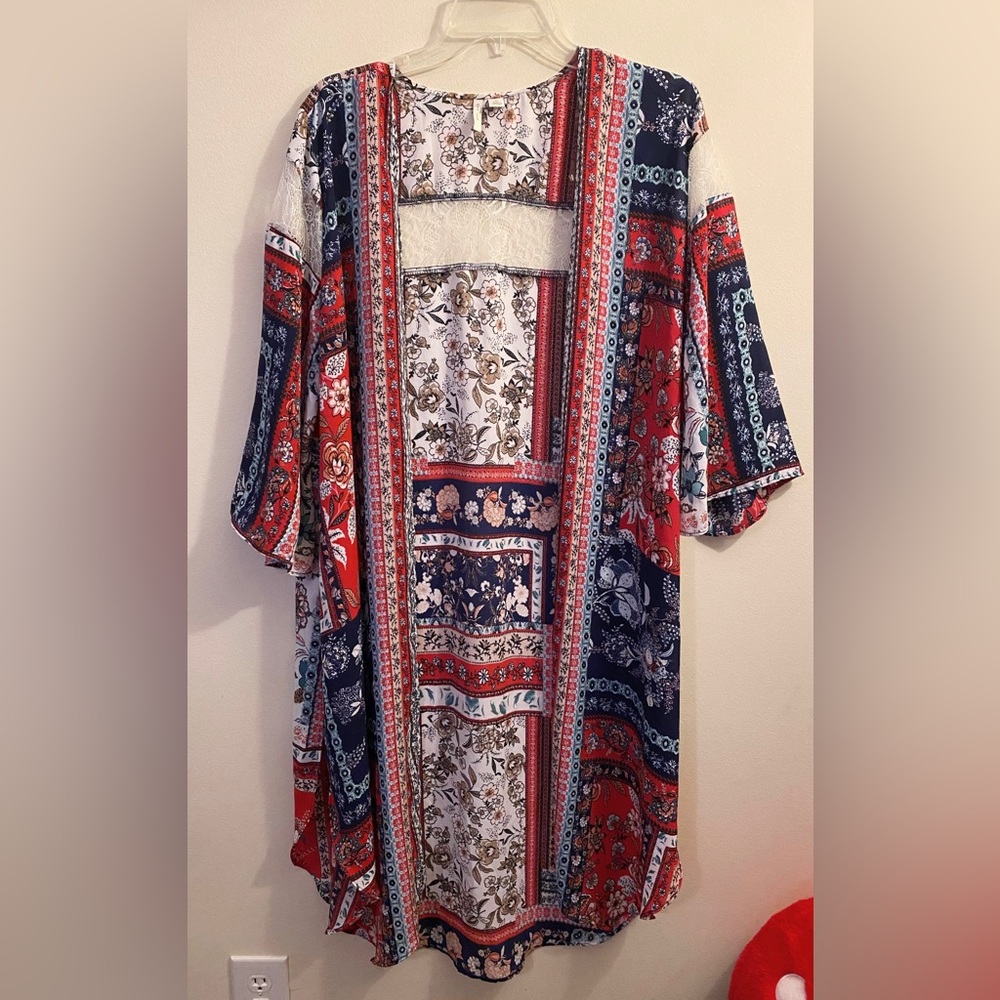 Red white and blue floral patchwork kimono